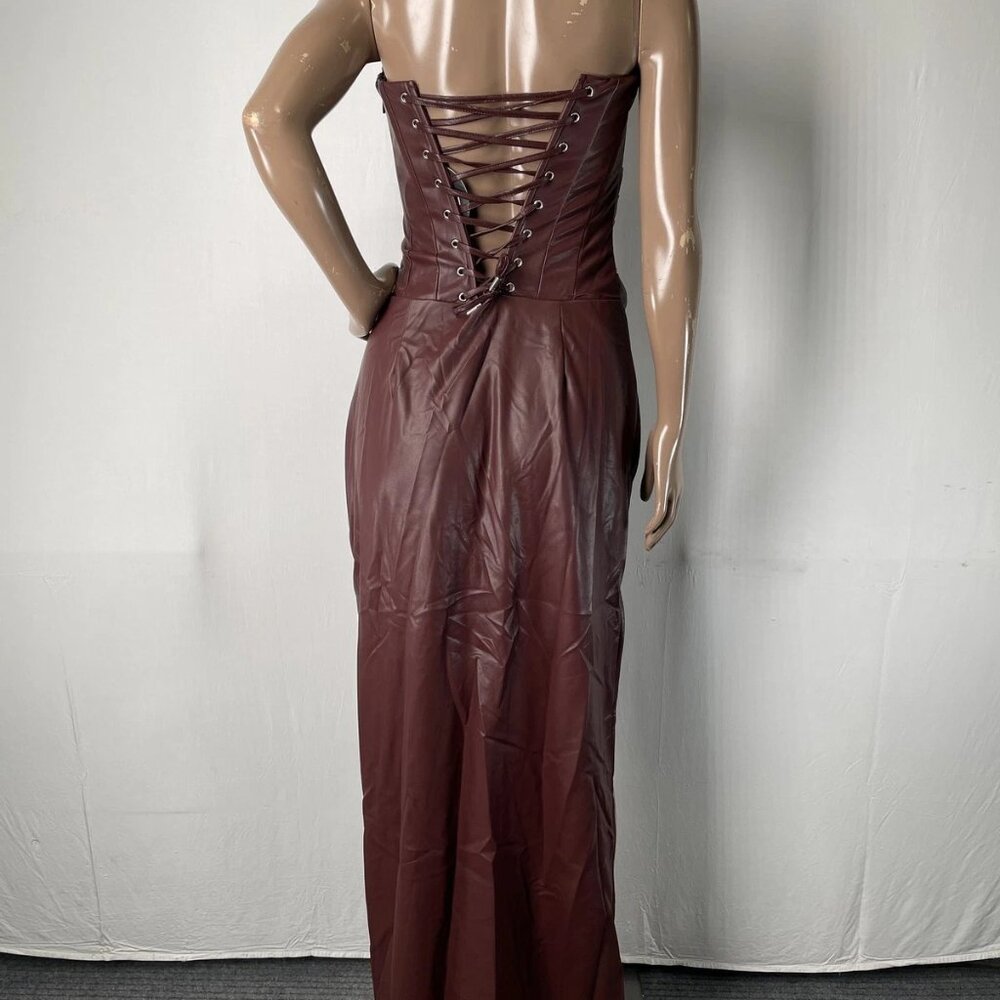 NEW BABYBOO Maxi Dress Burgundy Red Size M Alba Faux Leather Boned Cowl Neck - Picture 12 of 14